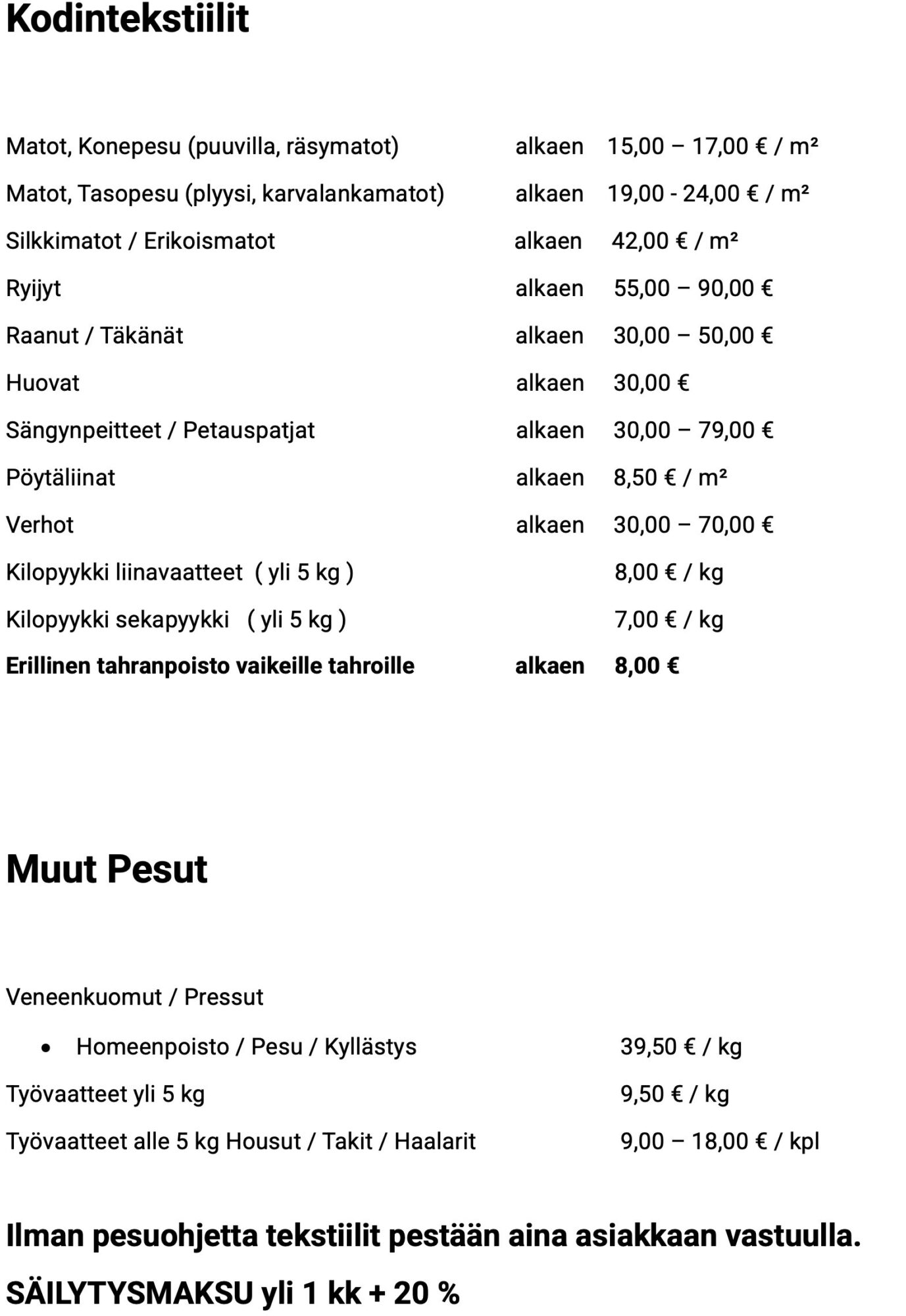kodintekstiilien pesun hinta turku